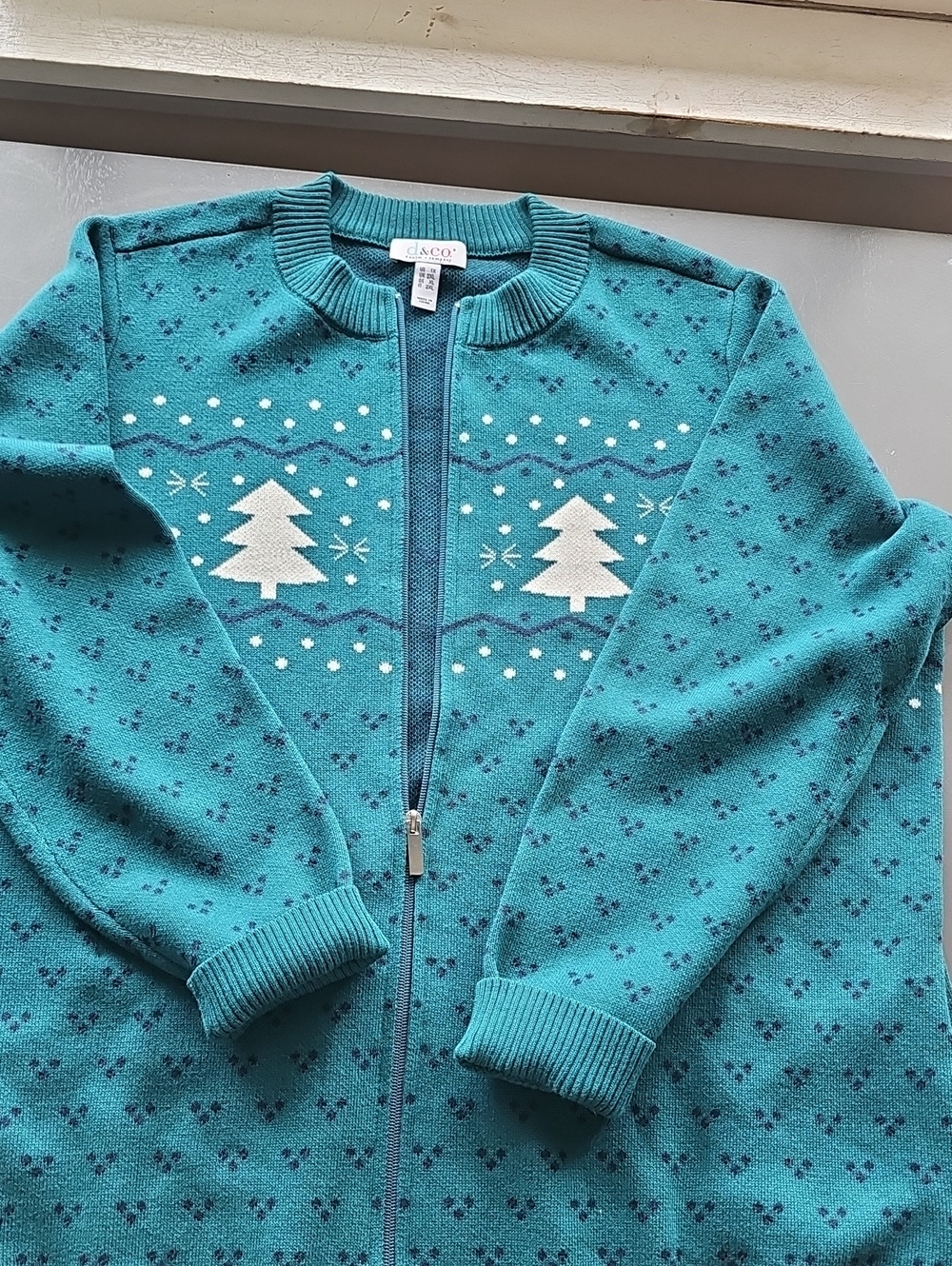 Womens Plus d & Co Green Full Zipper With Pockets Chrisrmas Sweater Sz 1x